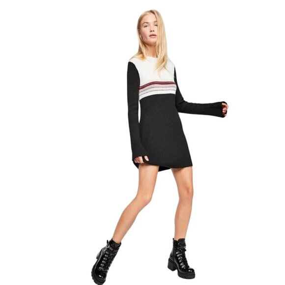Free People Sweater Dress Womens Size Medium Black Colorblock Swit Linen Blend - Picture 3 of 16